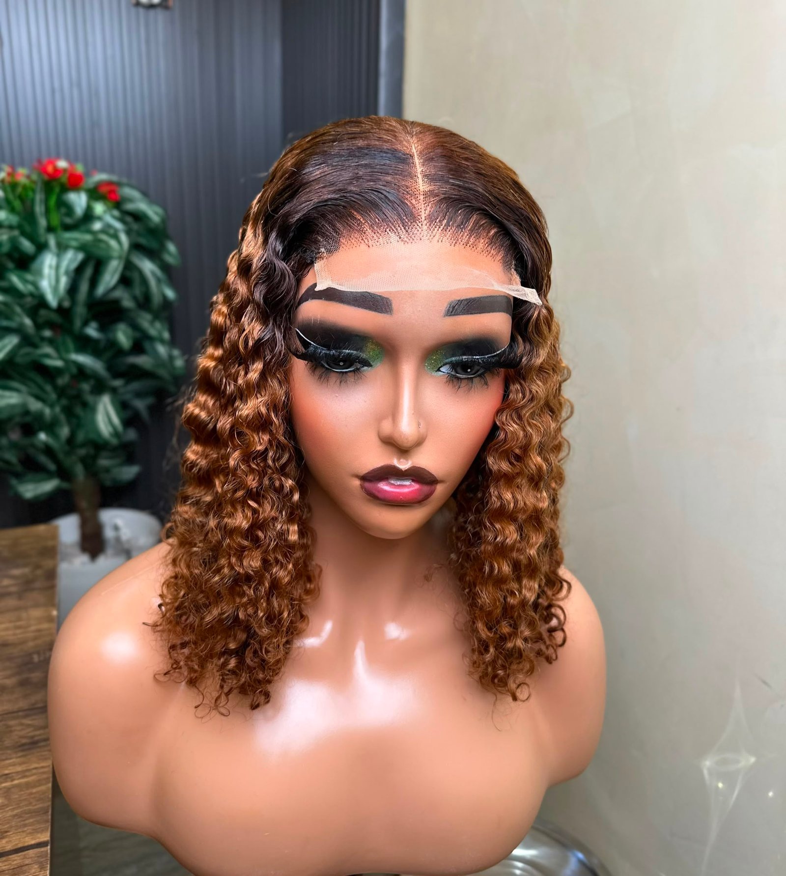 14'' SDD PIXIE CURL 5X5 CLOSURE WIG 200GRAMS- (GOLD COLOUR WITH DARK ROOT)