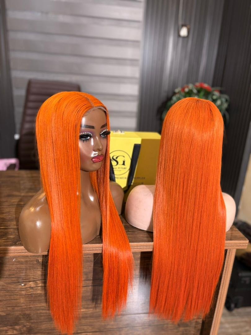 24 INCHIES BURNT ORANGE COLOUR VIETNAMESE SDD BONE STRAIGHT 2X6 CLOSURE WIG 250GRAMS